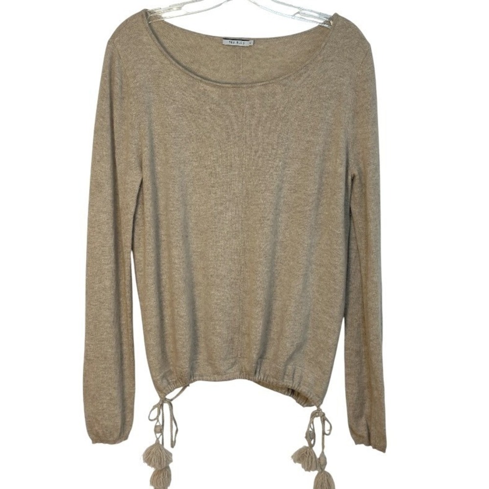 Sea Bleu Sweater Women Tan 100% Cashmere Tassel Drawstring Hem Fall Soft Girl L